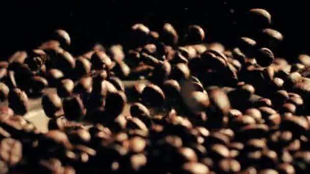 Jumping coffee beans on a loudspeaker, slow motion shot on Red — Stock Video