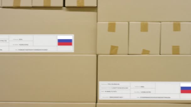 MADE IN RUSSIA κείμενο και ετικέτα σημαία στο κουτί σε μια αποθήκη — Αρχείο Βίντεο