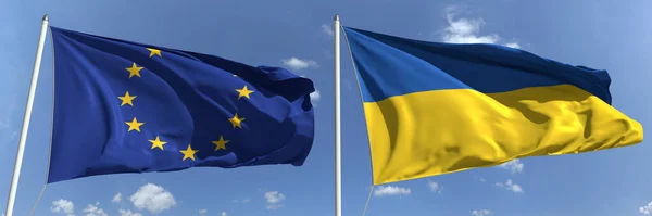 Прапори Європейського Союзу та України на флагштоках. 3d рендеринг — стокове фото