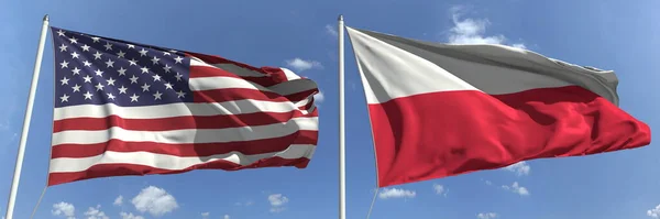Bayrak direkleri üzerinde ABD ve Polonya 'nın bayraklarını sallayan, 3D — Stok fotoğraf