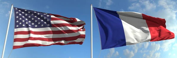 Nationalflaggen der USA und Frankreichs, 3D-Darstellung — Stockfoto