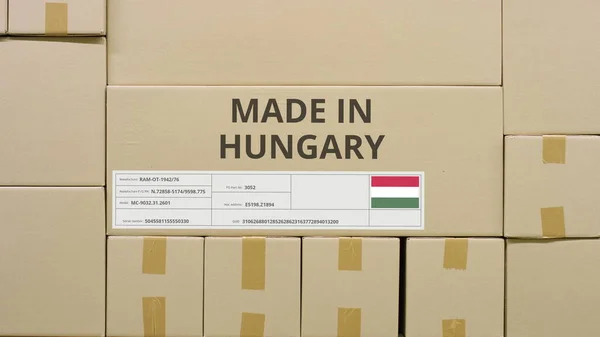 다른 상자들 가운데서 인쇄 된 MADE IN HUNGARY 텍스트가 들어 있는 카드 보드 상자 — 스톡 사진