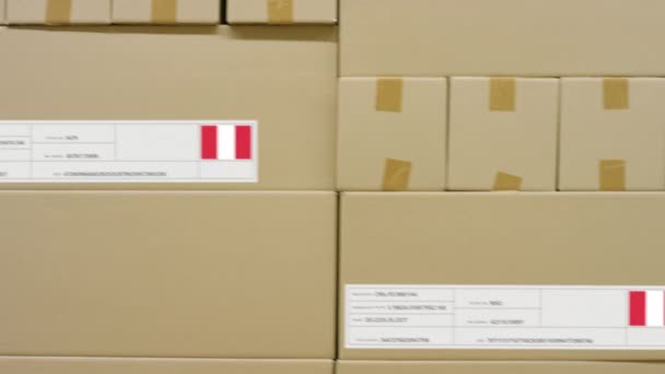 倉庫内のPERUテキストとフラグステッカーで印刷されたボックス — ストック動画