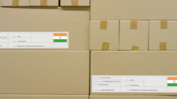 Χαρτοκιβώτιο με τυπωμένο κείμενο και σημαία ΙΝΔΙΑΣ. Έννοια εφοδιαστικής — Αρχείο Βίντεο