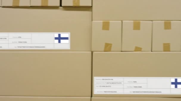 Kartong med tryckt MADE IN FINLAND text och flagga. Magasinlogistikkoncept — Stockvideo