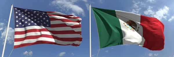 Bandeiras hasteadas dos EUA e do México em hastes altas. Renderização 3d — Fotografia de Stock