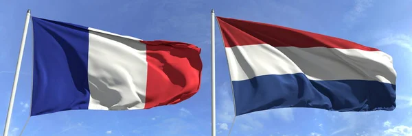 Wuivende vlaggen van Frankrijk en Nederland op vlaggenmasten, 3d rendering — Stockfoto