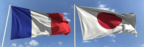 Bandeiras hasteadas da França e do Japão em hastes altas. Renderização 3d — Fotografia de Stock