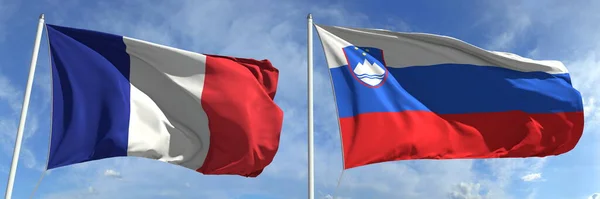 Acenando bandeiras da França e Eslovénia em mastins, renderização 3d — Fotografia de Stock