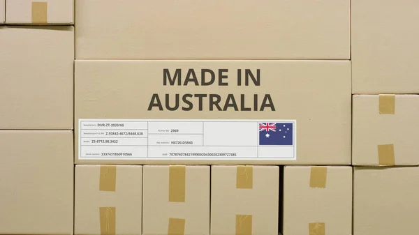 Κουτί με τυπωμένο κείμενο και σημαία ΑΥΣΤΡΑΛΙΑΣ. Έννοια εφοδιαστικής — Φωτογραφία Αρχείου