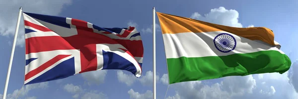 Banderas de Gran Bretaña e India en asta de bandera. renderizado 3d — Foto de Stock