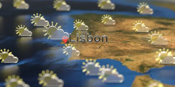 Lissabon Stadt und teilweise bewölktes Wettersymbol auf der Karte, 3D-Rendering zur Wettervorhersage — Stockfoto