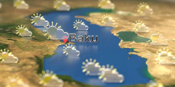 Baku város és részben felhős időjárás ikon a térképen, időjárás előrejelzés kapcsolódó 3D renderelés — Stock Fotó