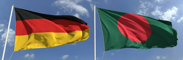 Flags of Germany and Bangladesh on flagpoles. 3d rendering — Stock Photo, Image