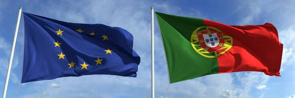 Europeiska unionens och Portugals flagg på höga flaggstänger. 3d-konvertering — Stockfoto