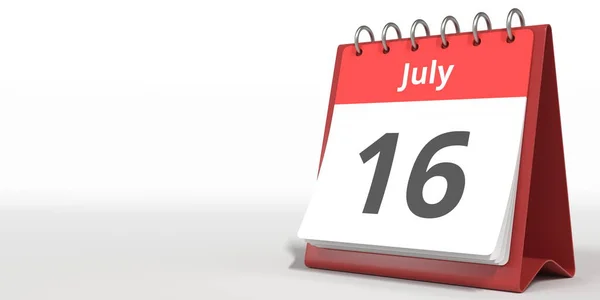 16 juillet date sur la page du calendrier flip, rendu 3d — Photo
