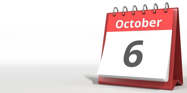6 października data na stronie kalendarza flip, renderowanie 3d — Zdjęcie stockowe
