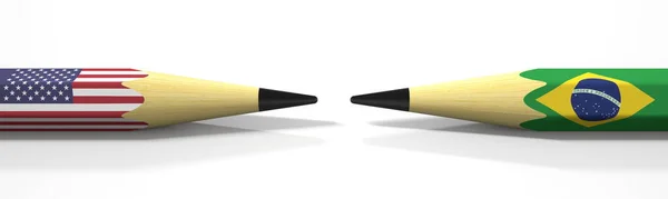 Два карандаша с флагами США и Бразилии, связанные с политическим конфликтом 3D рендеринг — стоковое фото