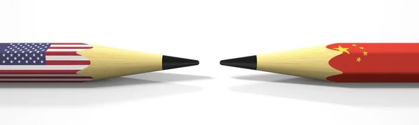 미국과 중국의 깃발이 달린 두 연필, 정치적 갈등은 3d 렌더링과 관련이 있습니다. — 스톡 사진