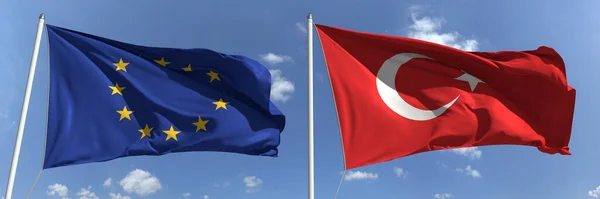 Размахивание флагами Европейского Союза и Турции на флагштоках, 3D рендеринг — стоковое фото