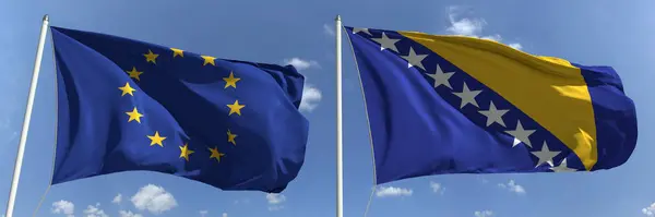 Banderas ondeantes de la Unión Europea y Bosnia y Herzegovina sobre asta de bandera, 3d renderizado — Foto de Stock