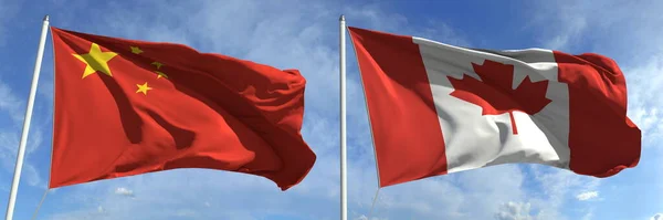 Σημαίες που κυματίζουν από την Κίνα και τον Καναδά σε ψηλά κοντάρια. 3d απόδοση — Φωτογραφία Αρχείου