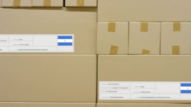 Kartonnen doos met opdruk MADE IN NICARAGUA tekst en vlag. Logistiek concept magazijn — Stockvideo