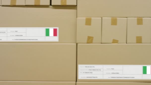 Doos met bedrukte MADE IN ITALIË tekst en vlaggensticker in een magazijn — Stockvideo