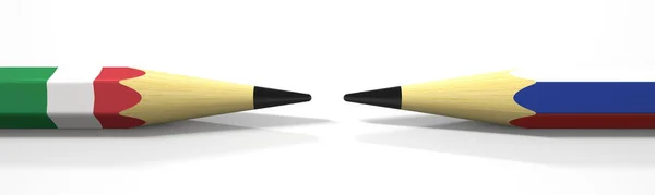 Opposing pencils with flags of Italy and Russia. Conflict concept, 3d rendering — Stock Photo, Image