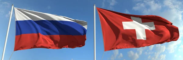Bandeiras hasteadas da Rússia e Suíça em hastes hasteadas. Renderização 3d — Fotografia de Stock