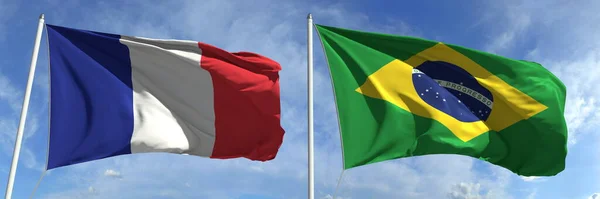 Bandeiras da França e do Brasil em postes de bandeira. Renderização 3d — Fotografia de Stock