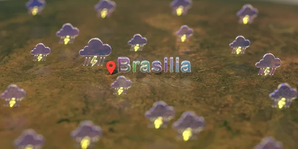 Icônes météo orageuses près de la ville de Brasilia sur la carte, prévisions météorologiques liées rendu 3D — Photo