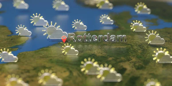 Rotterdam et partiellement nuageux icône météo sur la carte, prévisions météorologiques liées rendu 3D — Photo