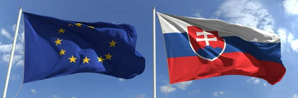 Bayrak direkleri üzerinde Avrupa Birliği ve Slovakya 'nın bayraklarını sallayan, 3D — Stok fotoğraf