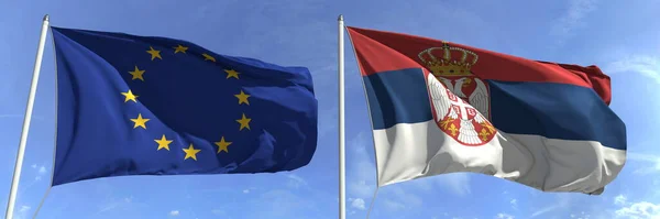 Banderas ondeantes de la Unión Europea y Serbia sobre el fondo del cielo, 3d rendering — Foto de Stock
