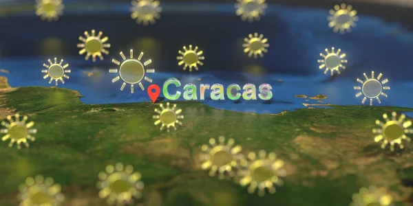Sunny weather icons near Caracas city on the map, weather forecast related 3D rendering — Stock Photo, Image