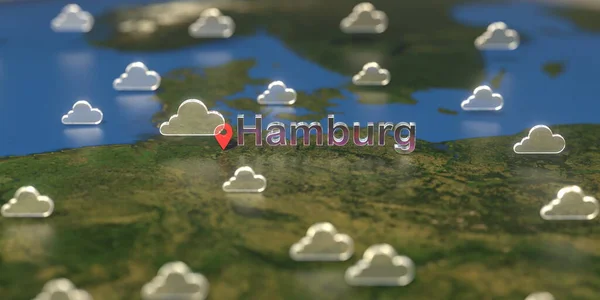 Hamburg city and cloudy weather icon on the map, weather forecast related 3D rendering — Stock Photo, Image