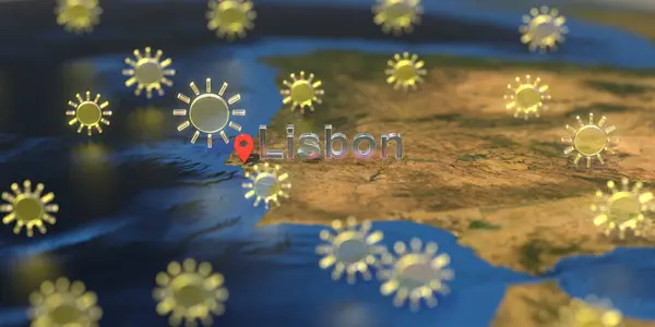 Лиссабон и икона погоды на карте, прогноз погоды на 3D рендеринг — стоковое фото