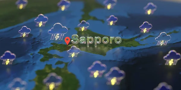 Stormachtige weersymbolen in de buurt van Sapporo stad op de kaart, weersvoorspelling gerelateerde 3D-weergave — Stockfoto