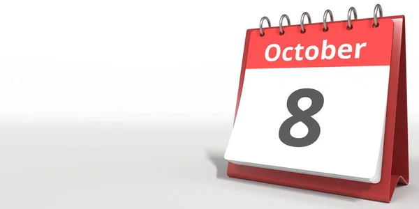8 de octubre fecha en la página del calendario de volteo, 3d renderizado —  Fotos de Stock