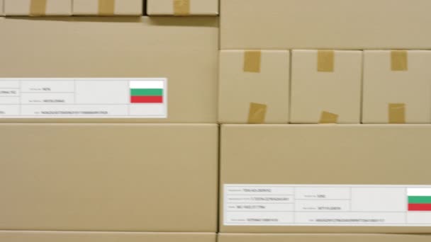 Doos met bedrukte MADE IN BULGARIJE tekst en vlaggensticker in een magazijn — Stockvideo