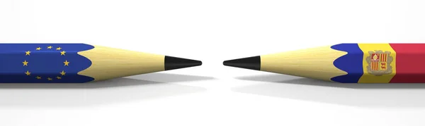 Two pencils with flags of the EU and Andorra, political conflict related 3d rendering — Stock Photo, Image