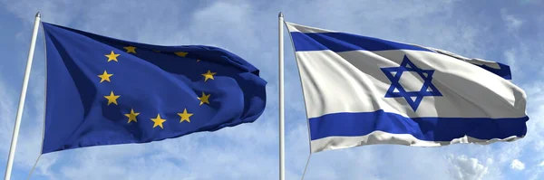 Drapeaux de l'Union européenne et d'Israël sur les mâts, rendu 3d — Photo