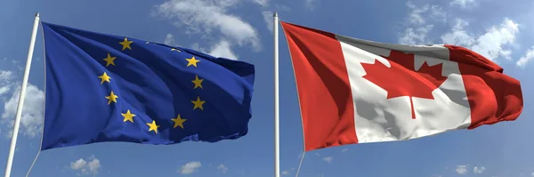 Banderas ondeantes de la Unión Europea y Canadá en asta de bandera, 3d renderizado — Foto de Stock