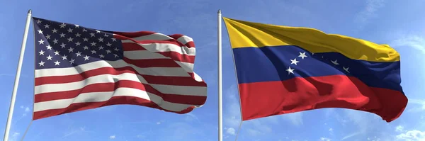 在旗杆上飘扬的美国和委内瑞拉国旗，3D渲染 — 图库照片