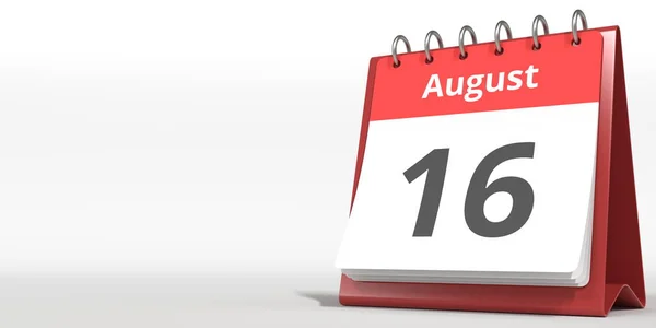 Agosto 16 data na página de calendário flip, renderização 3d — Fotografia de Stock