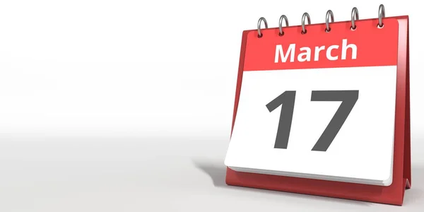 17. März Datum auf dem Umblättern Kalenderblatt, 3D-Rendering — Stockfoto