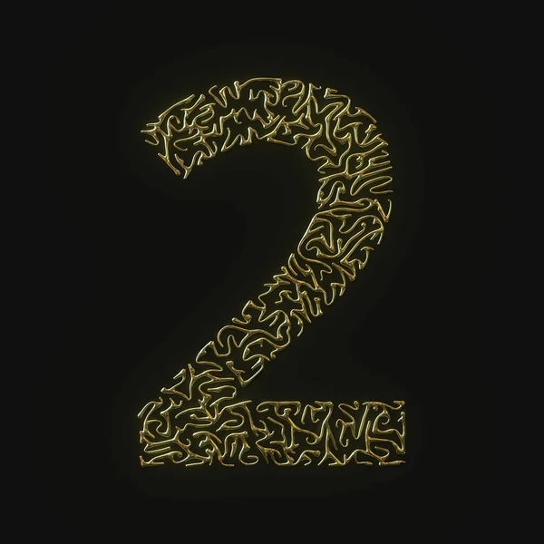 Wysoka rozdzielczość numer dwa 2 symbol wykonany z kształtowanych złotych linii. 3d renderowanie — Zdjęcie stockowe