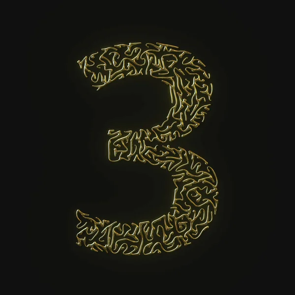 Korkean resoluution numero kolme 3 symboli on valmistettu valettu kultaisia viivoja. 3d-renderointi — kuvapankkivalokuva