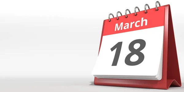 Março 18 data na página de calendário flip, renderização 3d — Fotografia de Stock